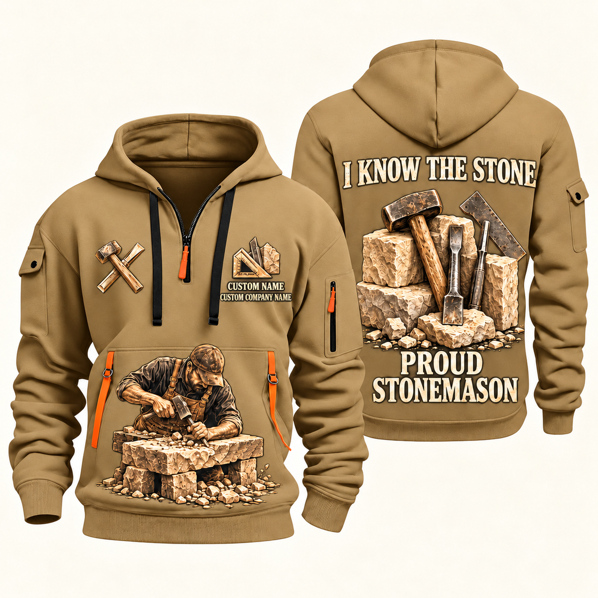 Stonemason Proud Craftsperson Quarter Zip Hoodie Khaki front and back