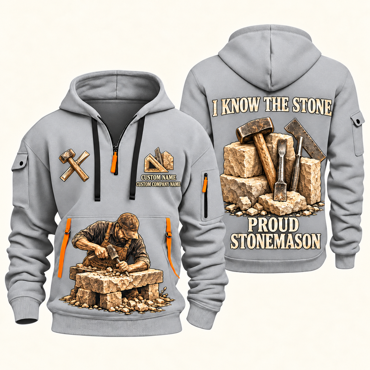 Stonemason Proud Craftsperson Quarter Zip Hoodie Light Grey front and back