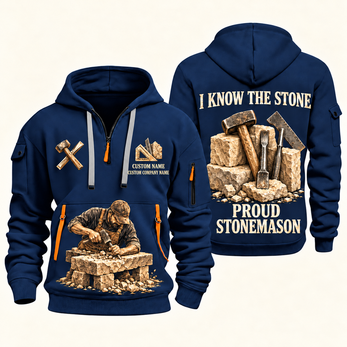 Stonemason Proud Craftsperson Quarter Zip Hoodie Navy front and back
