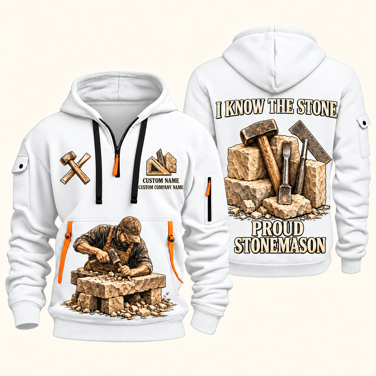 Stonemason Proud Craftsperson Quarter Zip Hoodie White front and back
