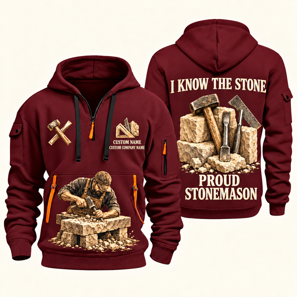 Stonemason Proud Craftsperson Quarter Zip Hoodie Wine Red front and back