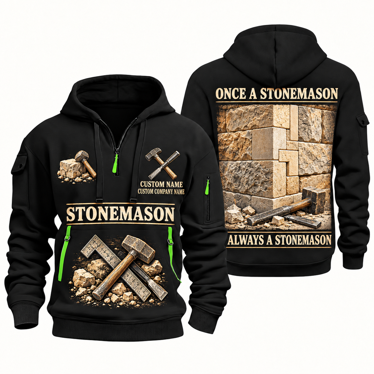 Stonemason Lifelong Craft Quarter Zip Hoodie Black front and back