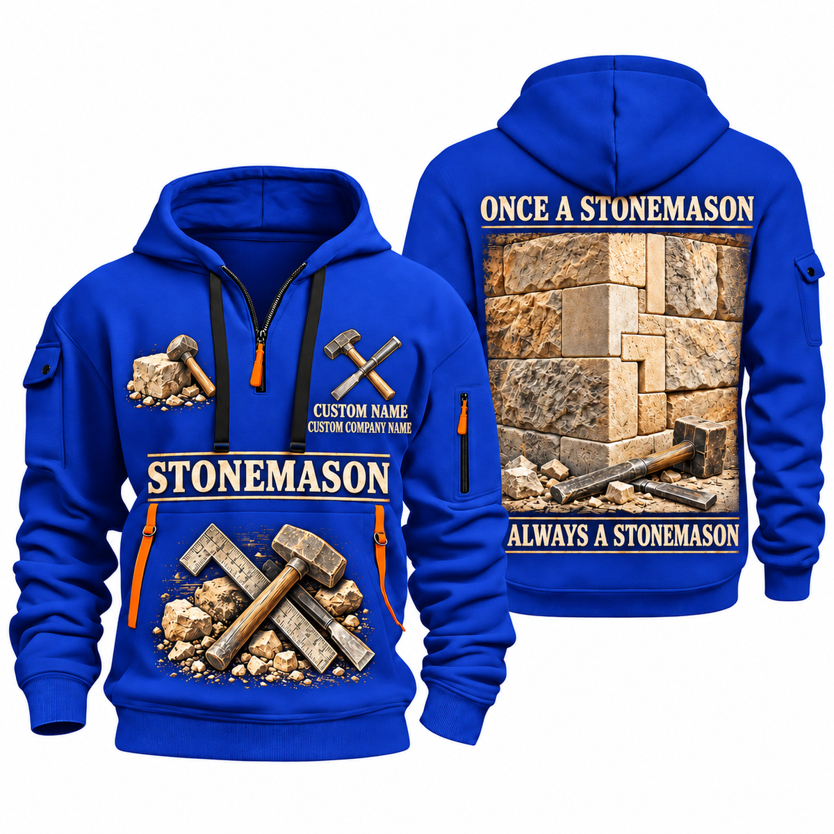 Stonemason Lifelong Craft Quarter Zip Hoodie Blue front and back
