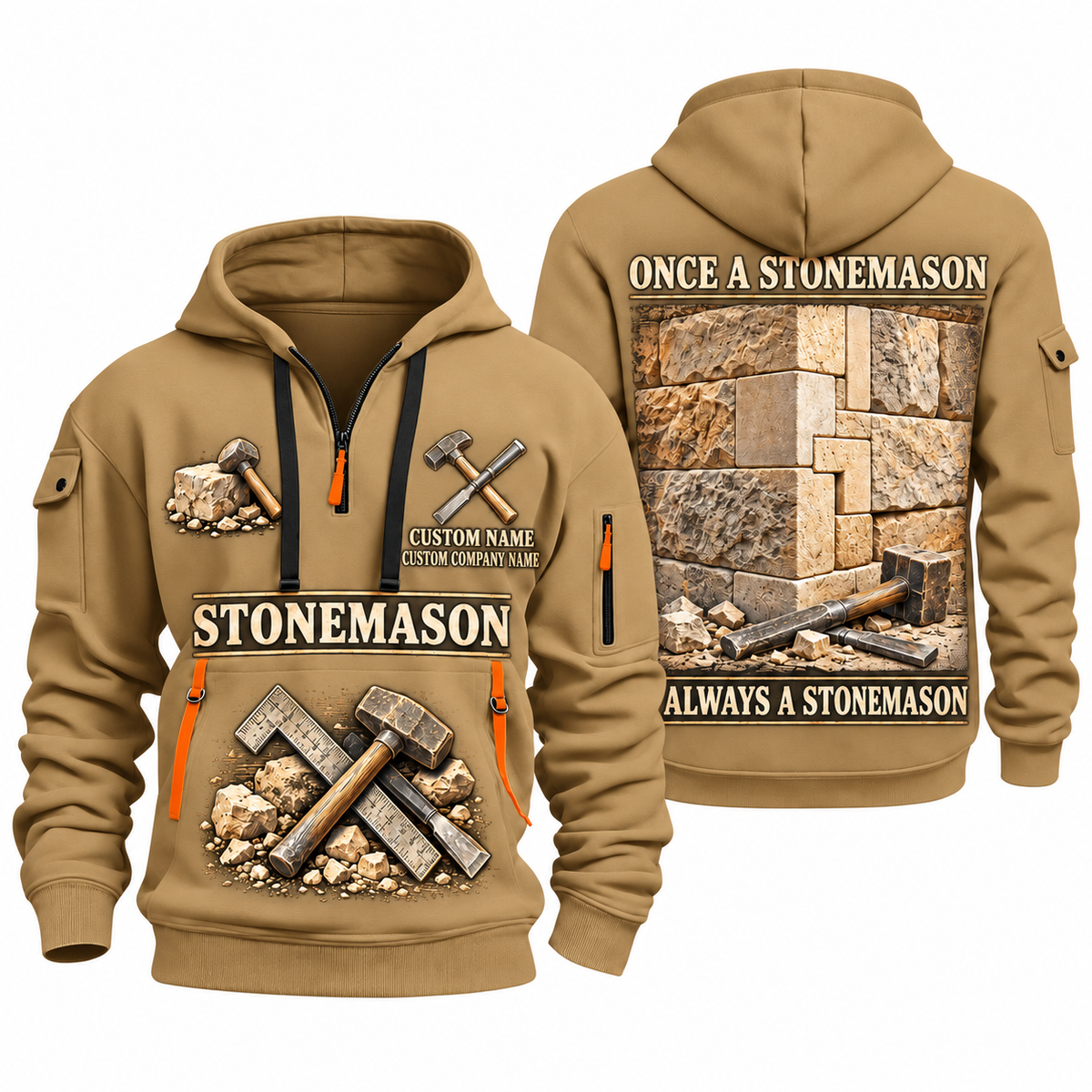 Stonemason Lifelong Craft Quarter Zip Hoodie Khaki front and back