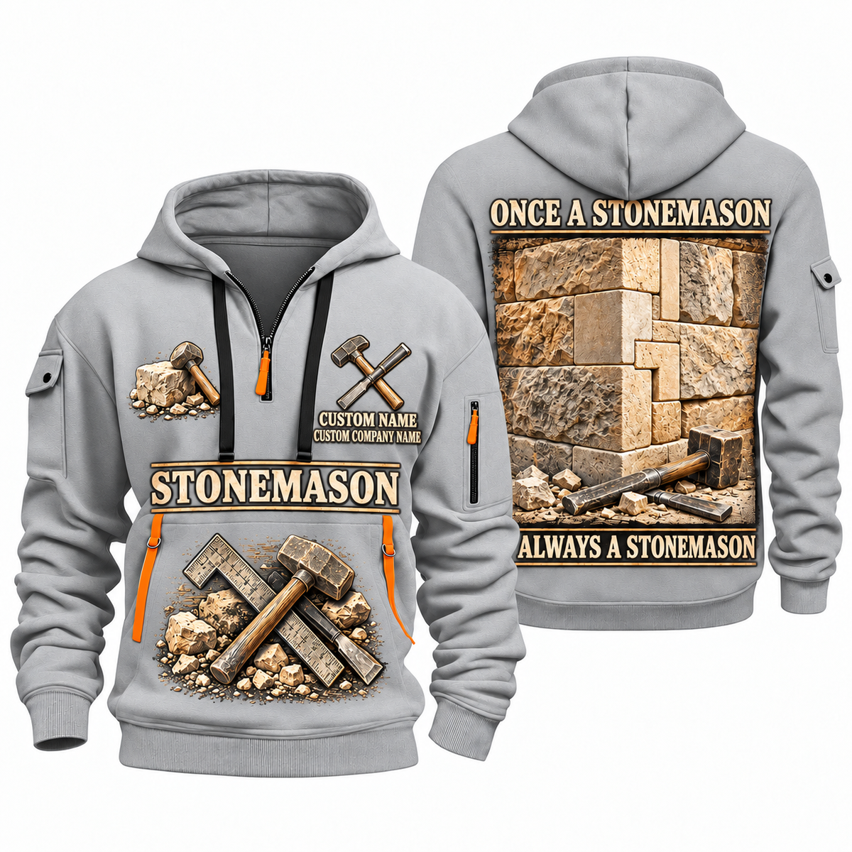 Stonemason Lifelong Craft Quarter Zip Hoodie Light Grey front and back