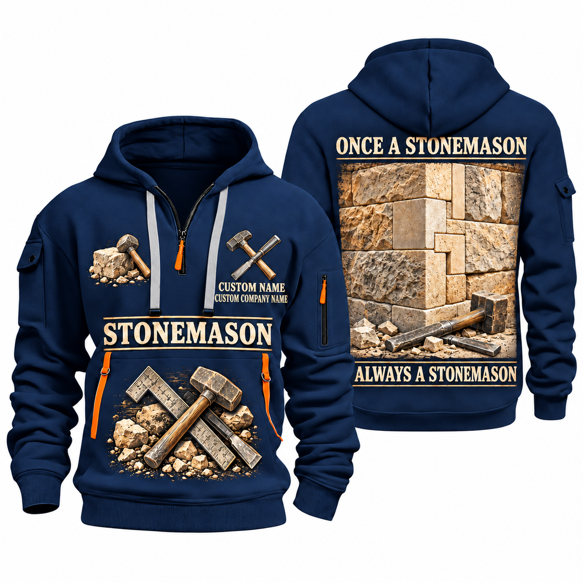 Stonemason Lifelong Craft Quarter Zip Hoodie Navy front and back