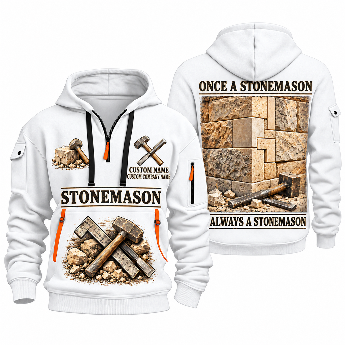 Stonemason Lifelong Craft Quarter Zip Hoodie White front and back