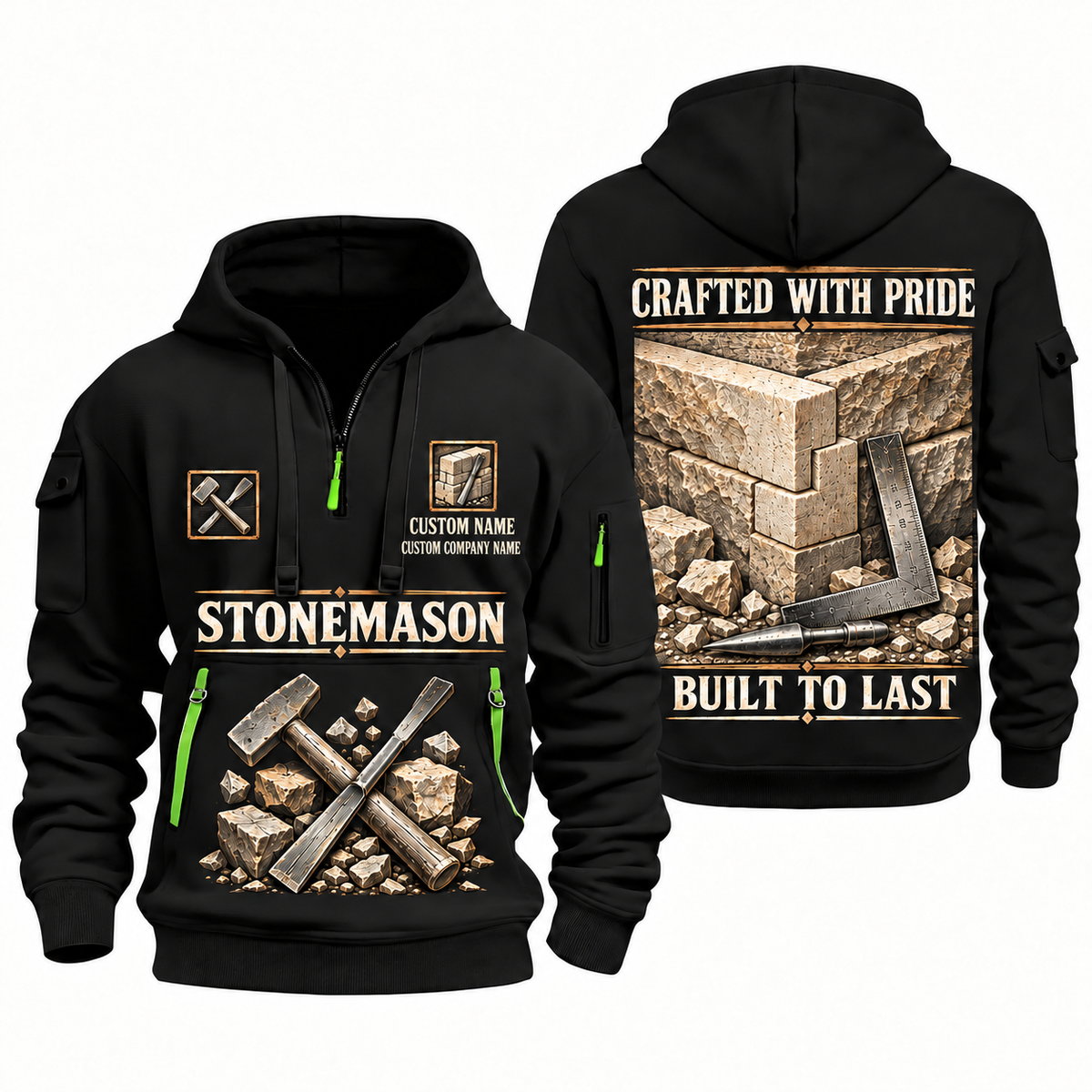 Stonemason Built to Last Quarter Zip Hoodie Black front and back
