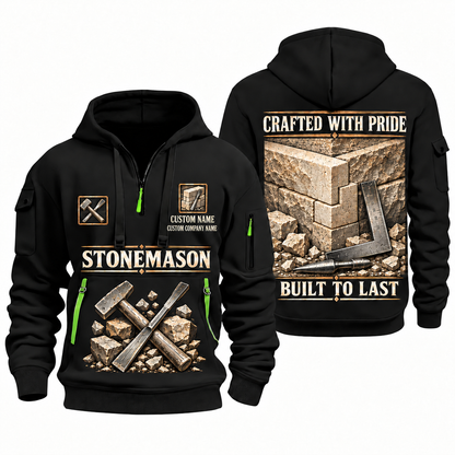 Stonemason Built to Last Quarter Zip Hoodie Black front and back