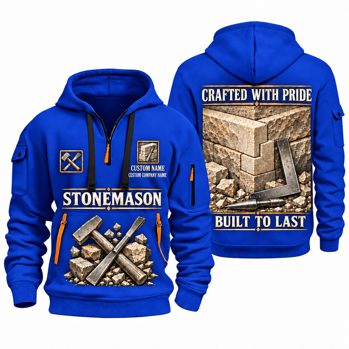 Stonemason Built to Last Quarter Zip Hoodie Blue front and back