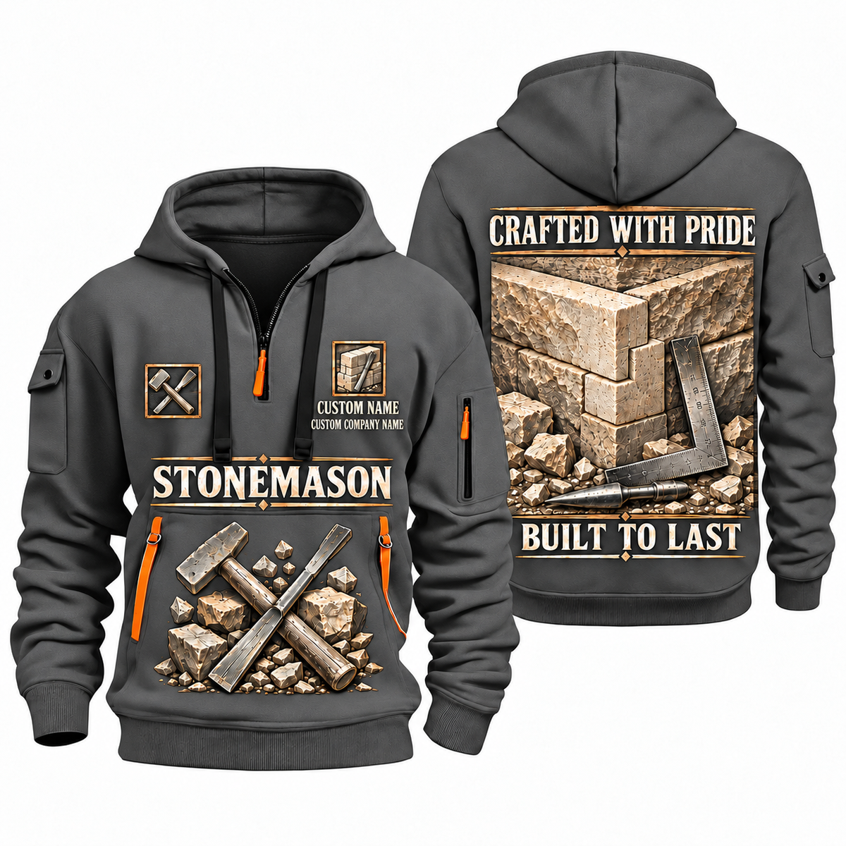 Stonemason Built to Last Quarter Zip Hoodie Gray front and back