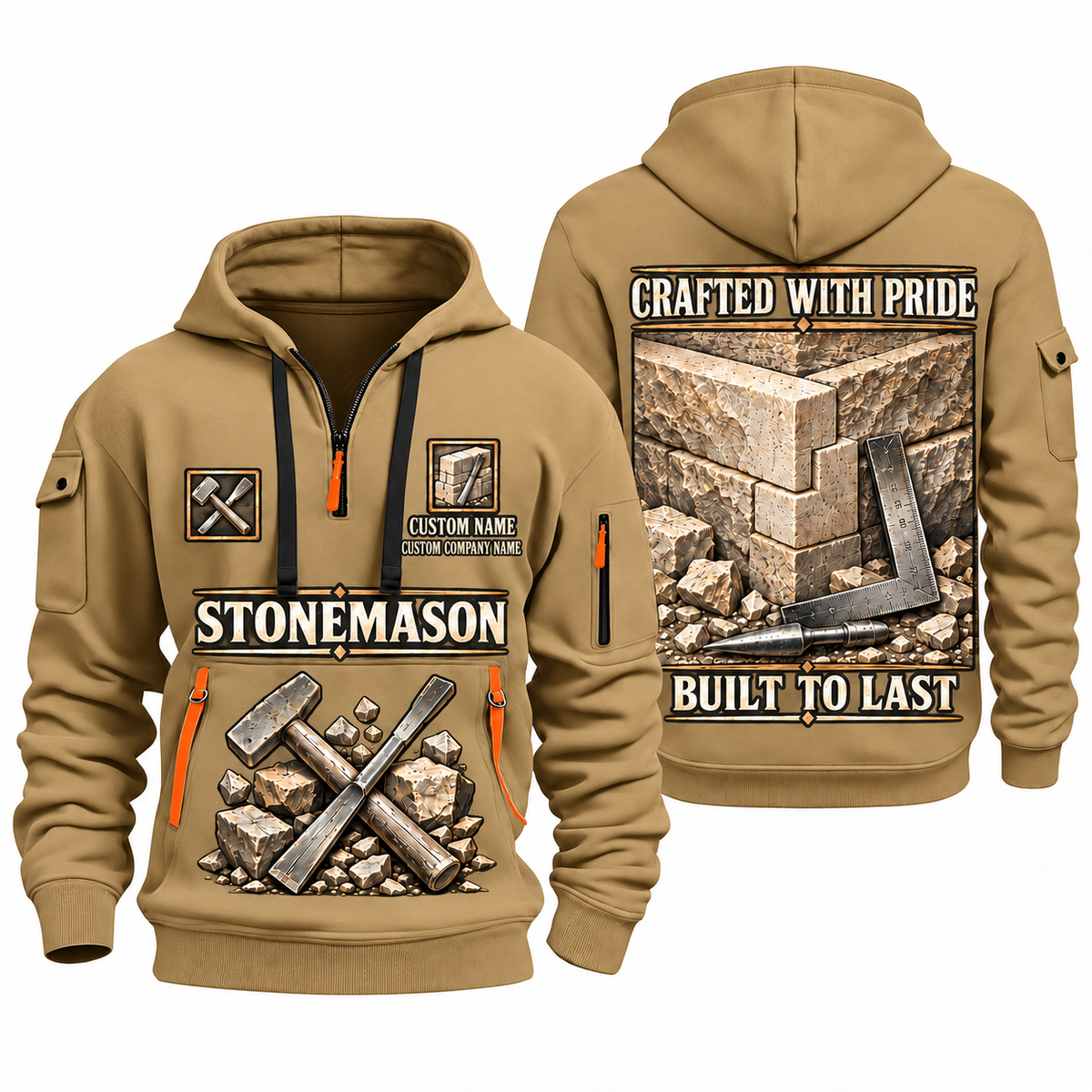 Stonemason Built to Last Quarter Zip Hoodie Khaki front and back