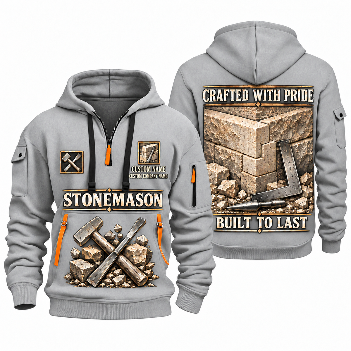 Stonemason Built to Last Quarter Zip Hoodie Light Grey front and back