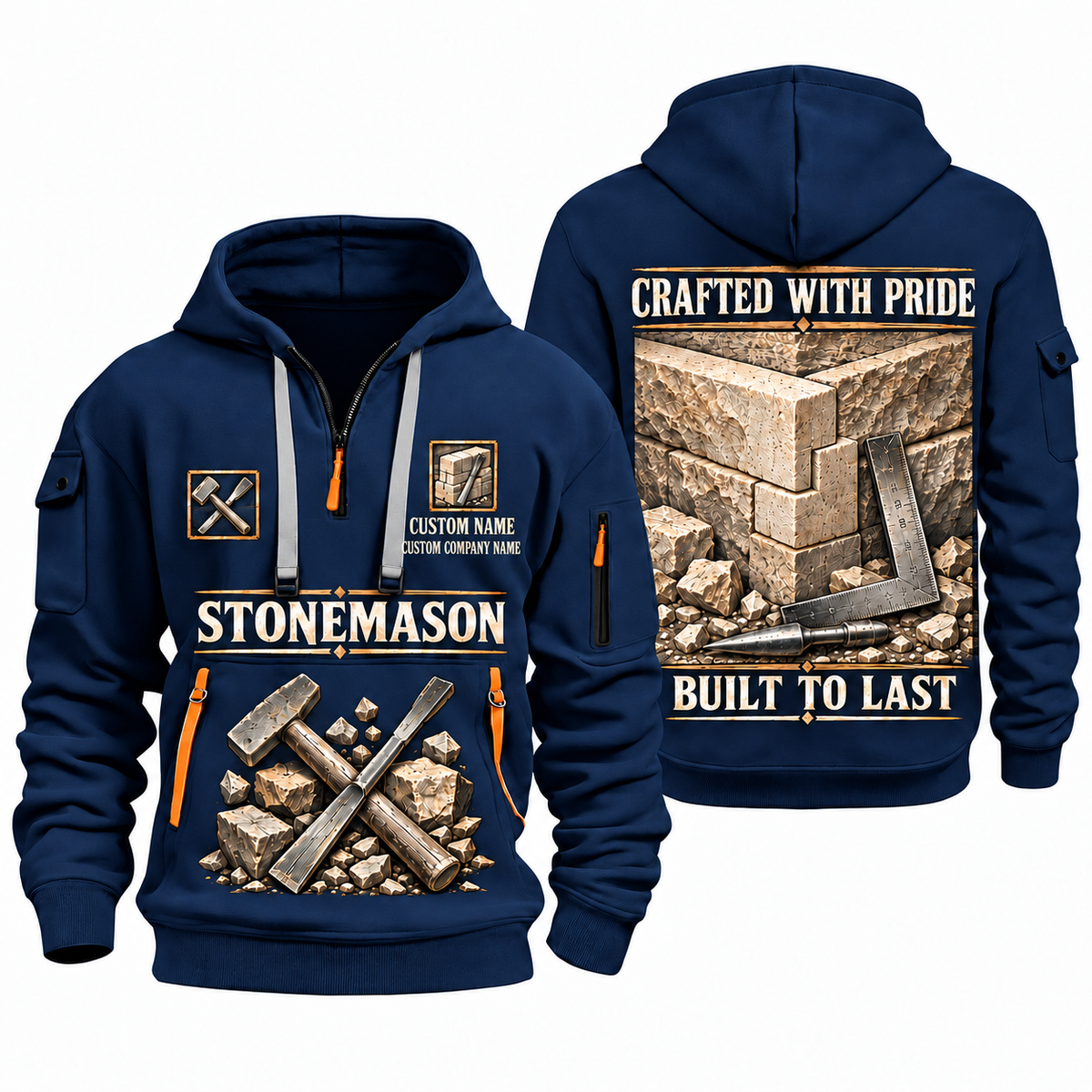 Stonemason Built to Last Quarter Zip Hoodie Navy front and back