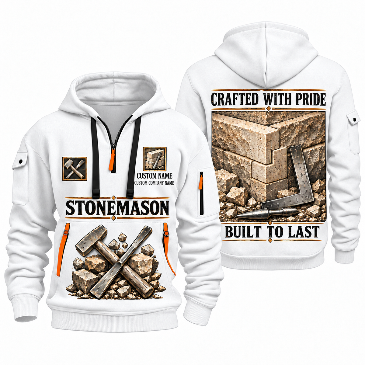 Stonemason Built to Last Quarter Zip Hoodie White front and back