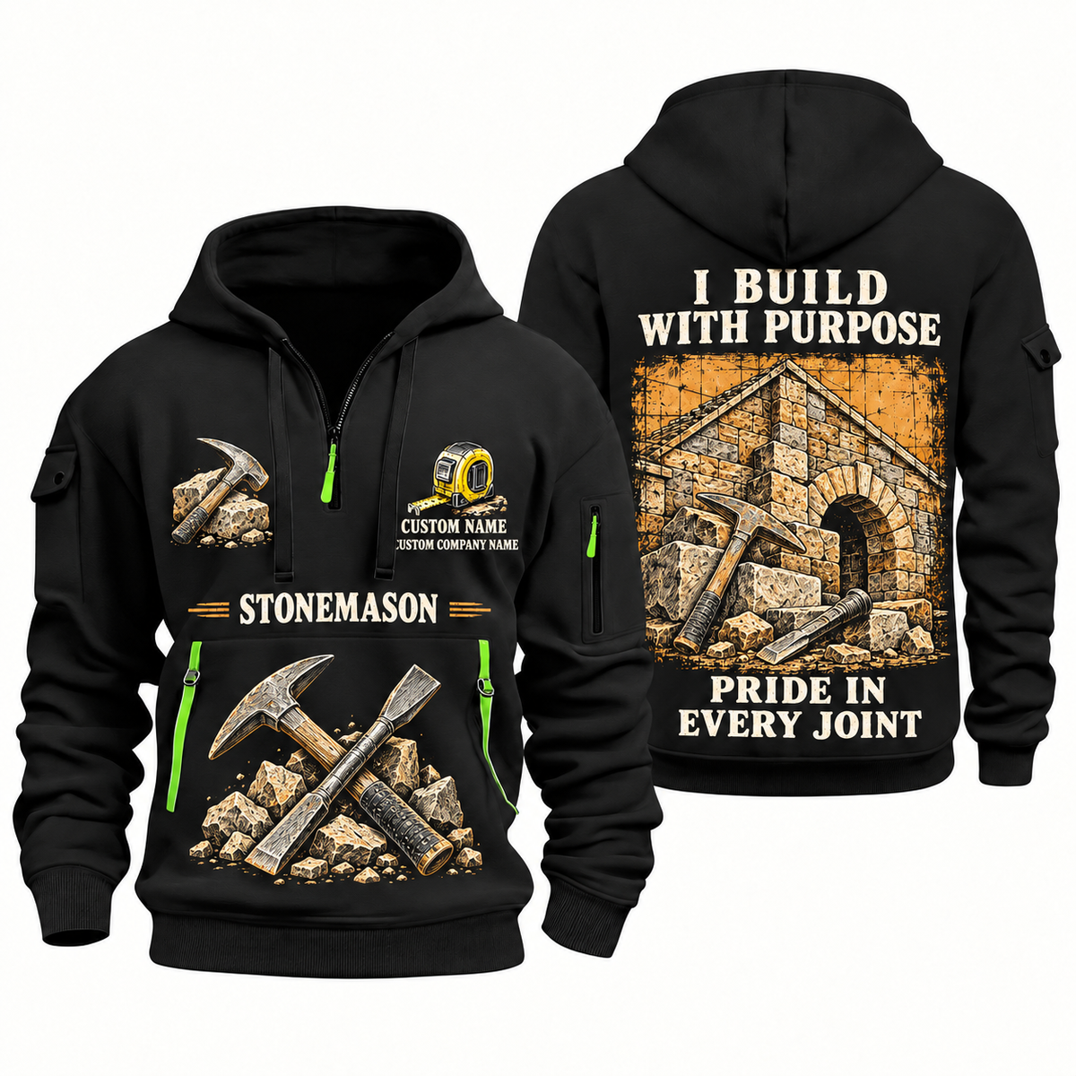 Stonemason Work with Purpose Quarter Zip Hoodie Black front and back