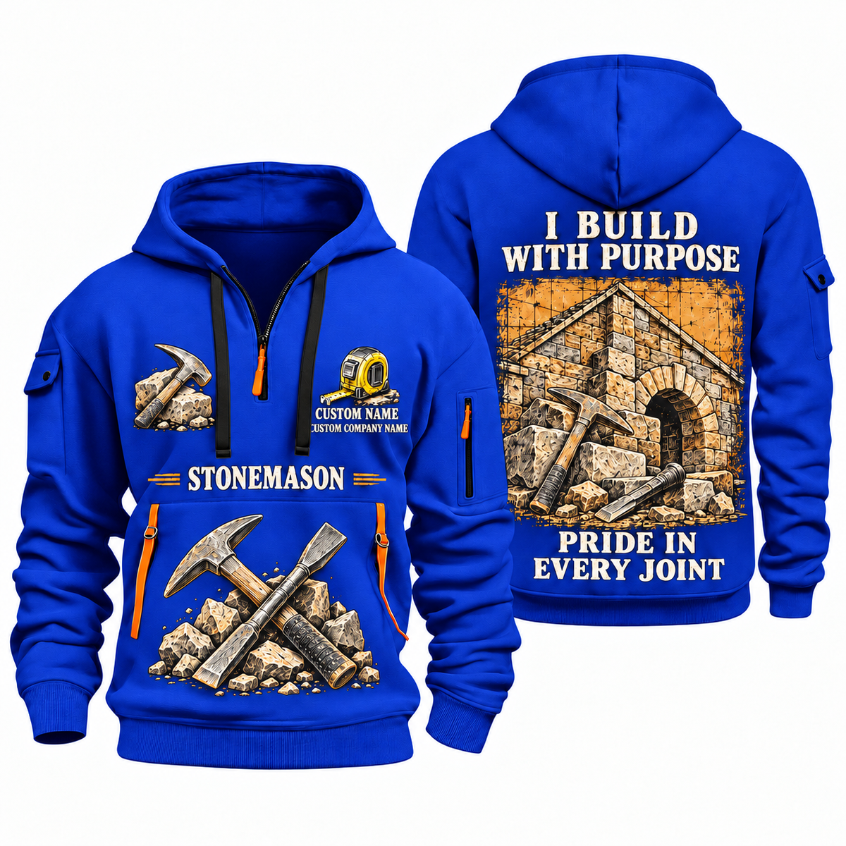 Stonemason Work with Purpose Quarter Zip Hoodie Blue front and back