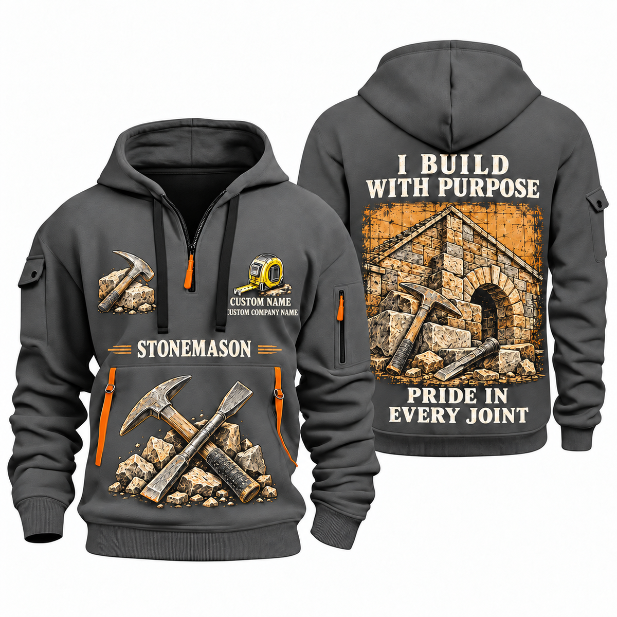 Stonemason Work with Purpose Quarter Zip Hoodie Gray front and back