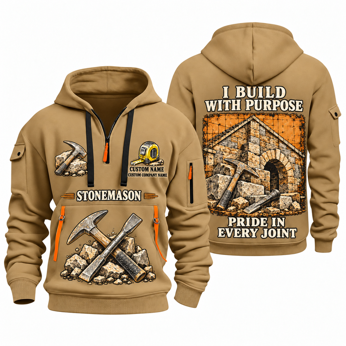 Stonemason Work with Purpose Quarter Zip Hoodie Khaki front and back