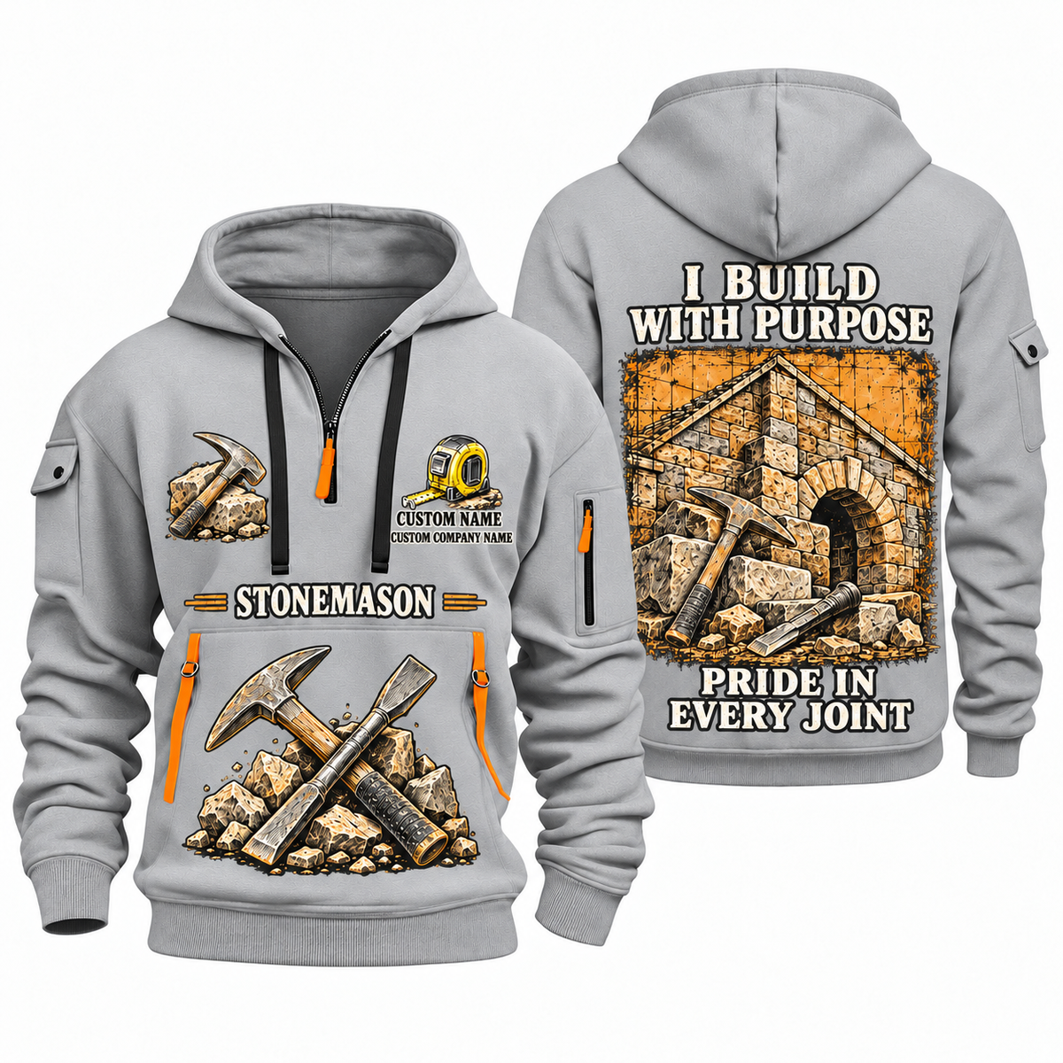 Stonemason Work with Purpose Quarter Zip Hoodie Light Grey front and back