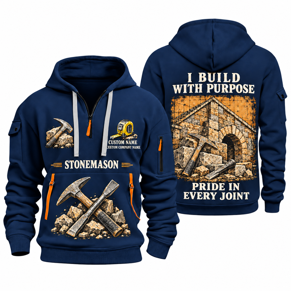 Stonemason Work with Purpose Quarter Zip Hoodie Navy front and back