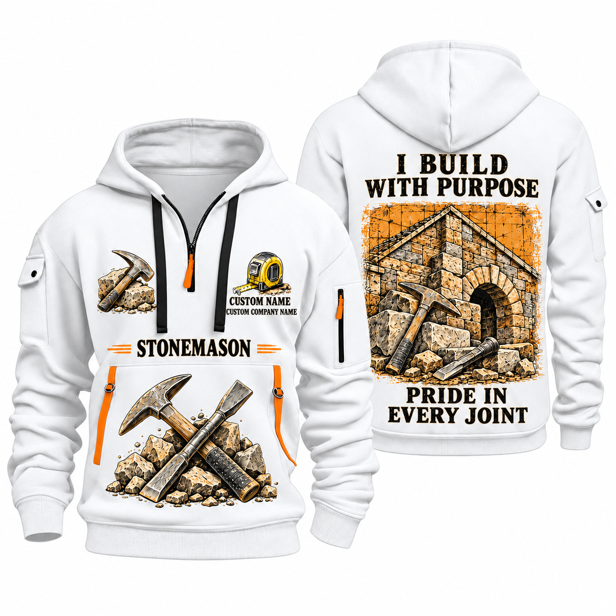 Stonemason Work with Purpose Quarter Zip Hoodie White front and back