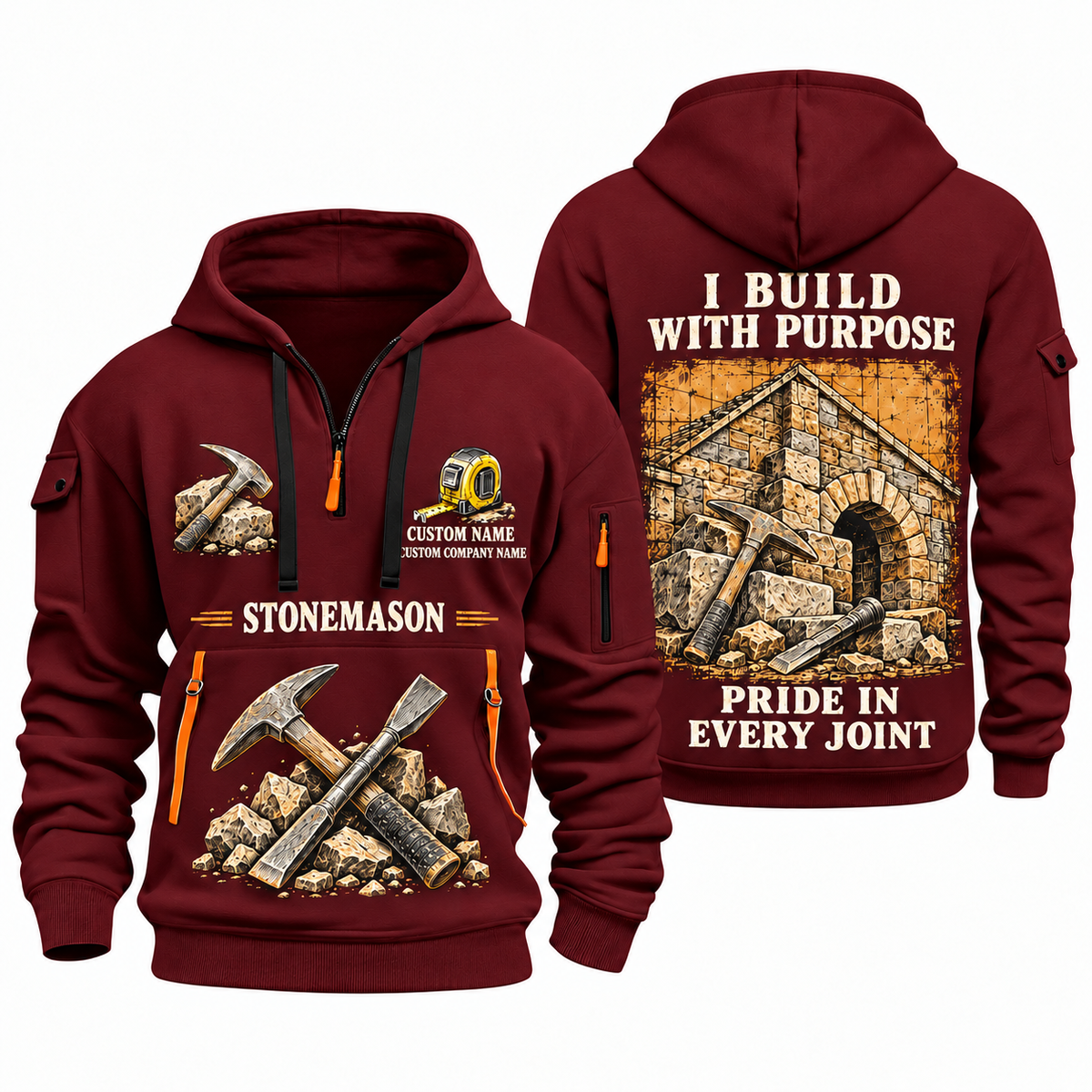 Stonemason Work with Purpose Quarter Zip Hoodie Wine Red front and back