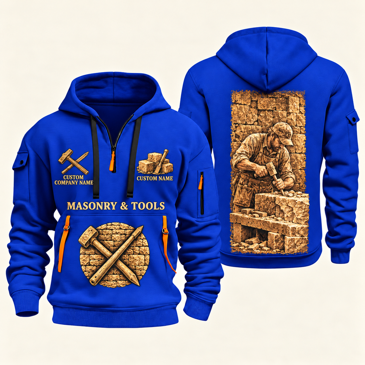Stonemason Golden Craft Quarter Zip Hoodie Blue front and back