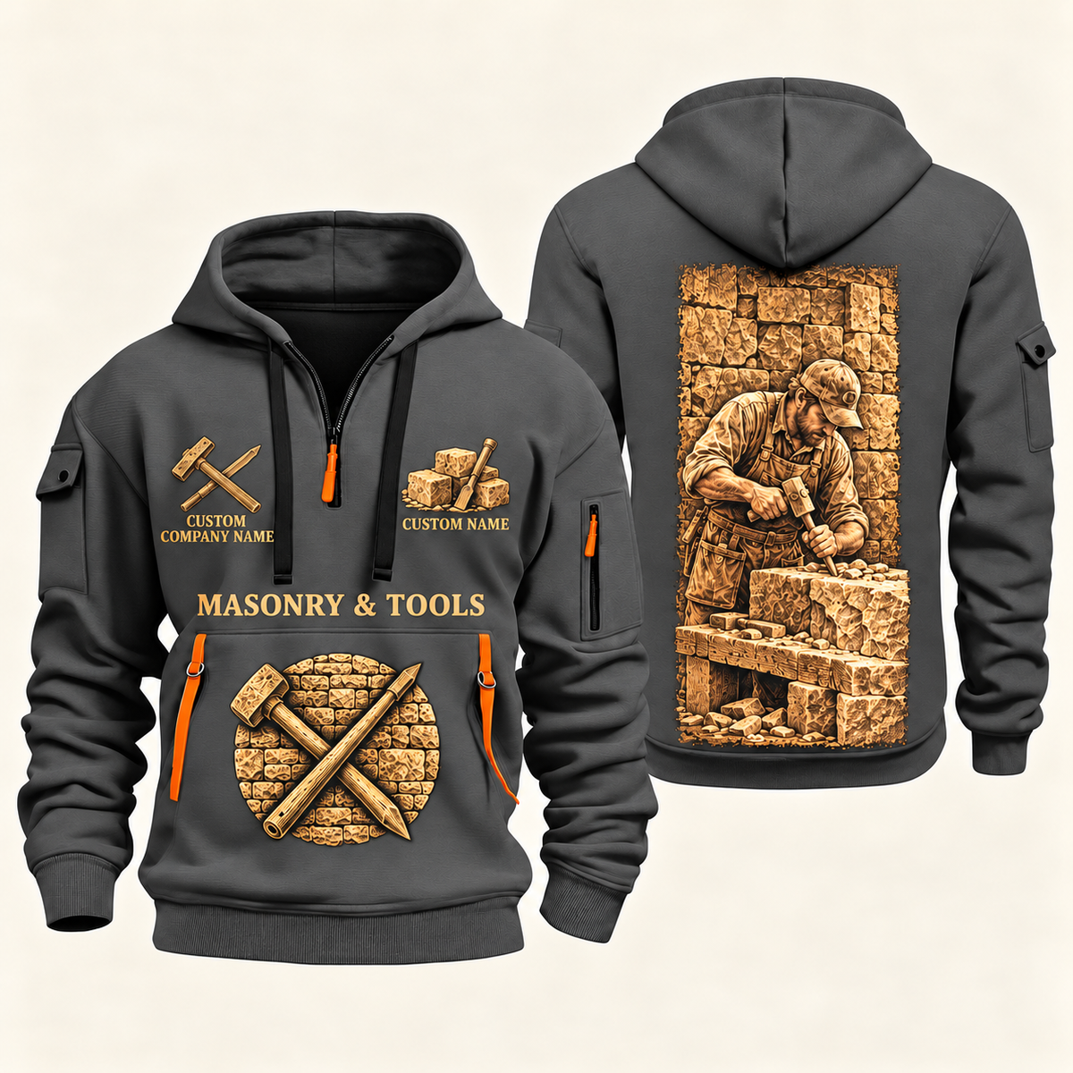 Stonemason Golden Craft Quarter Zip Hoodie Gray front and back