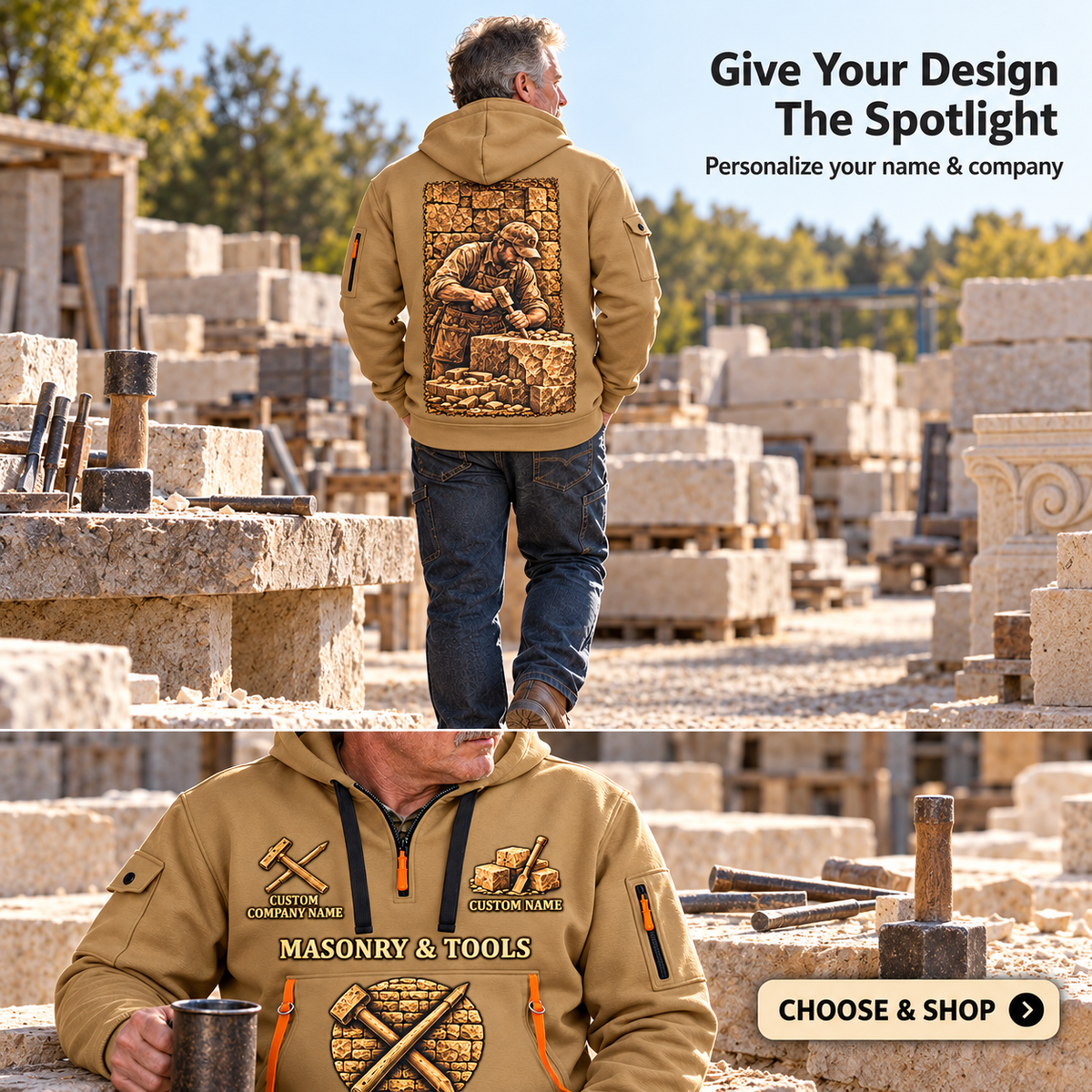 Stonemason Golden Craft Quarter Zip Hoodie Khaki listing hero