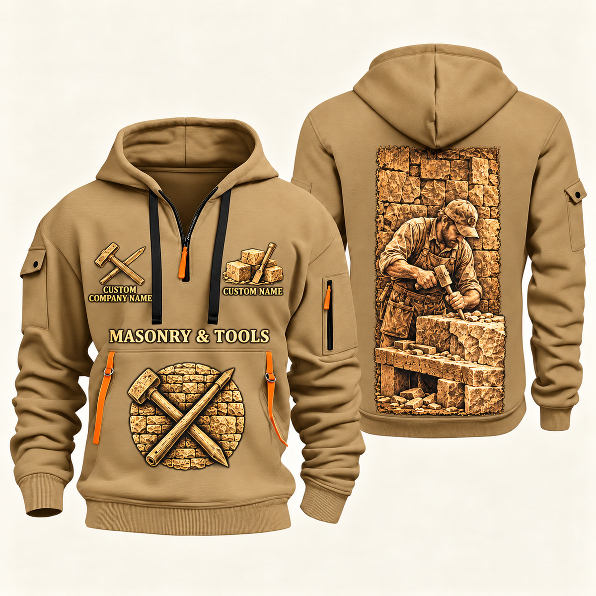 Stonemason Golden Craft Quarter Zip Hoodie Khaki front and back