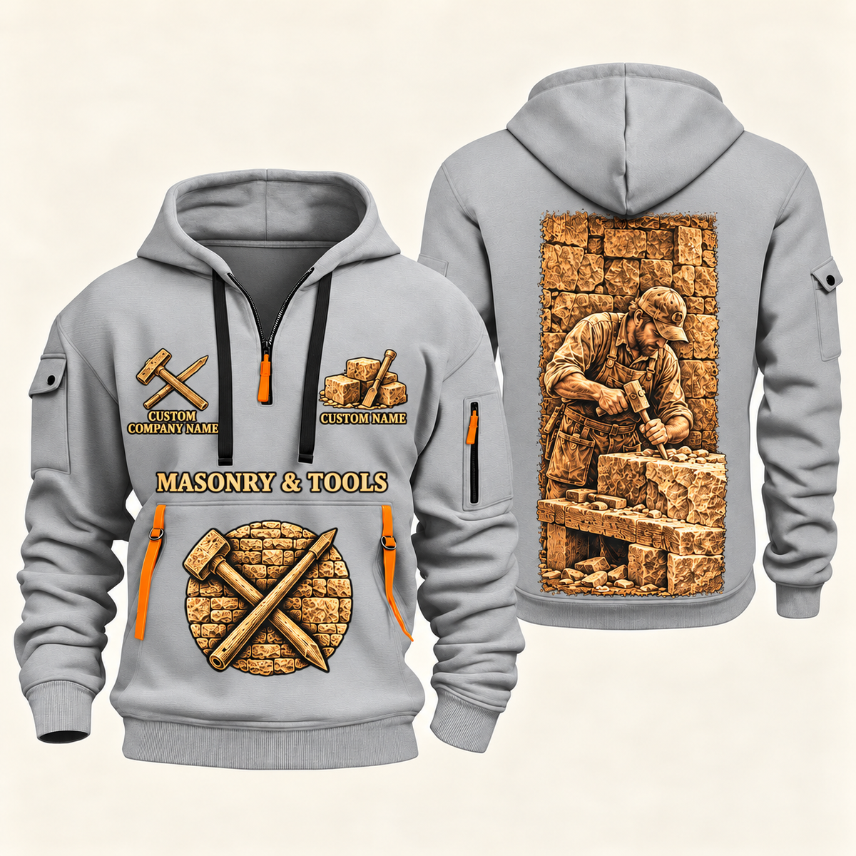 Stonemason Golden Craft Quarter Zip Hoodie Light Grey front and back
