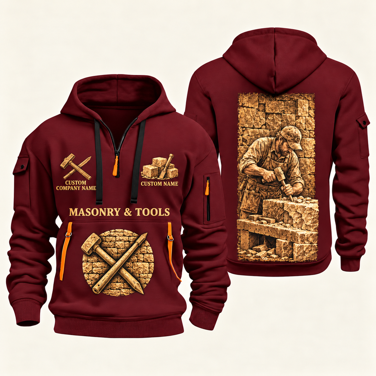 Stonemason Golden Craft Quarter Zip Hoodie Wine Red front and back