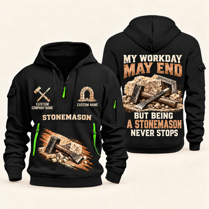 Stonemason Never Stops Quarter Zip Hoodie Black front and back