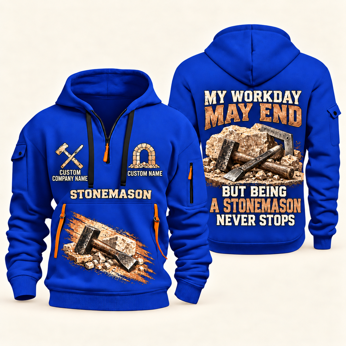 Stonemason Never Stops Quarter Zip Hoodie Blue front and back