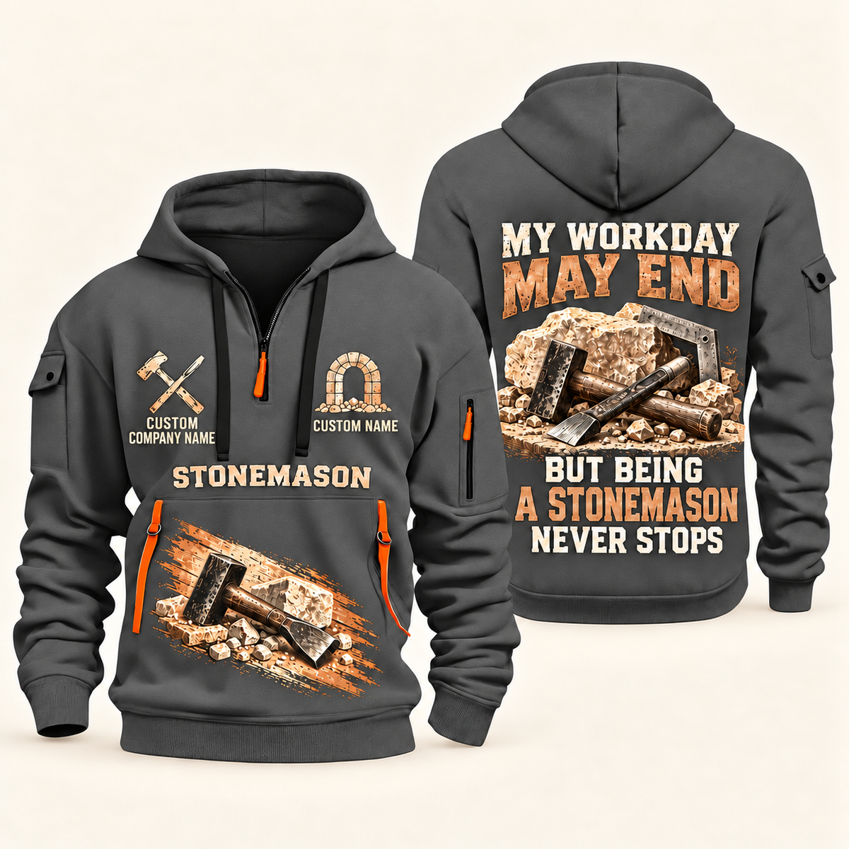 Stonemason Never Stops Quarter Zip Hoodie Gray front and back