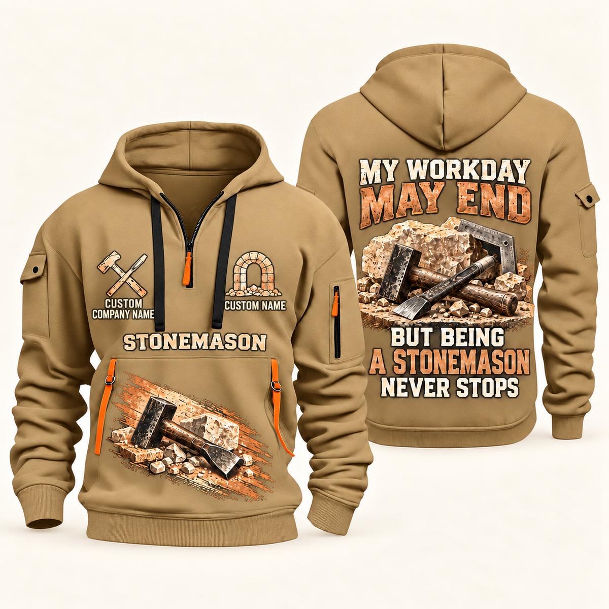 Stonemason Never Stops Quarter Zip Hoodie Khaki front and back