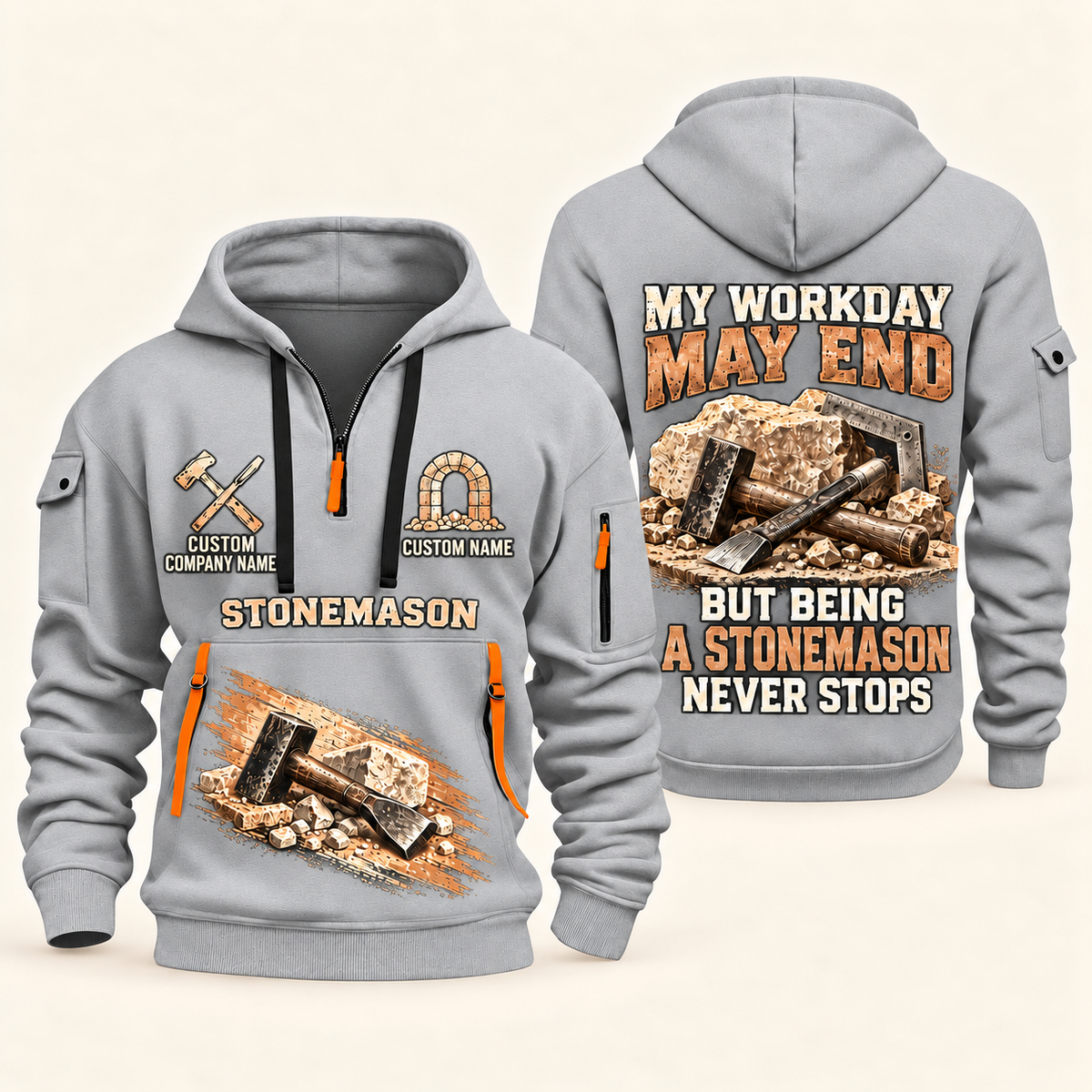 Stonemason Never Stops Quarter Zip Hoodie Light Grey front and back