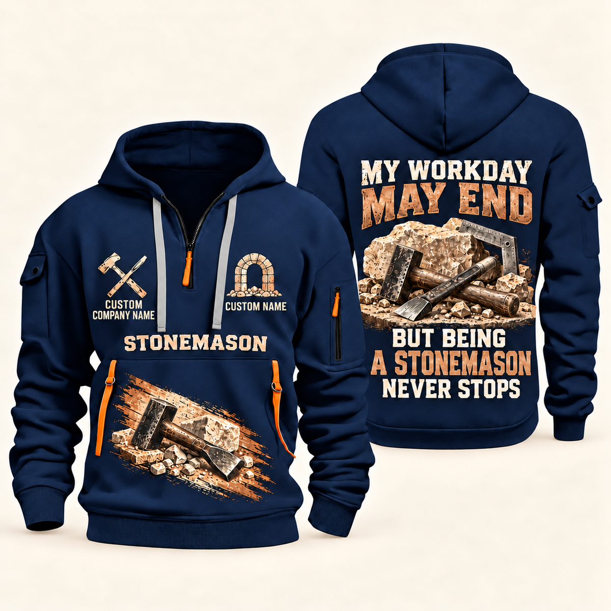 Stonemason Never Stops Quarter Zip Hoodie Navy front and back
