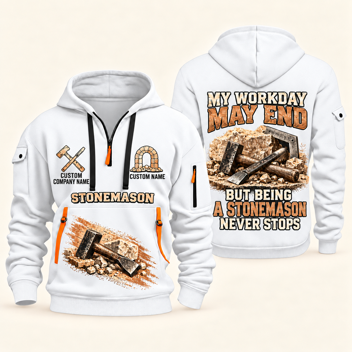 Stonemason Never Stops Quarter Zip Hoodie White front and back