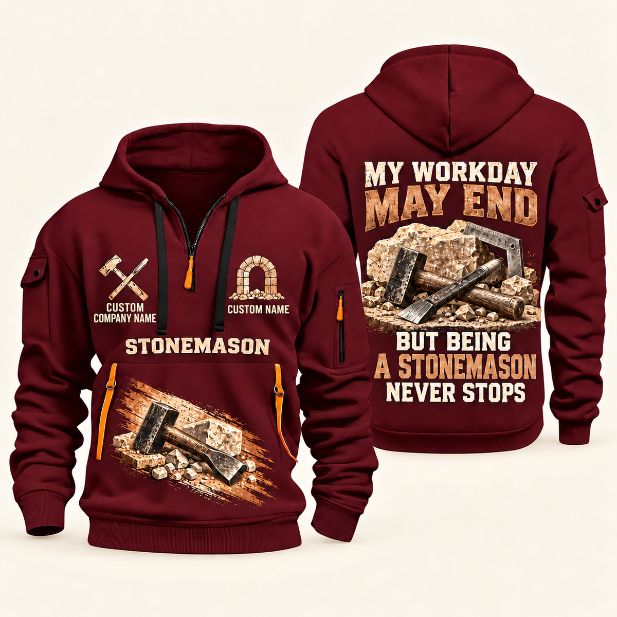 Stonemason Never Stops Quarter Zip Hoodie Wine Red front and back