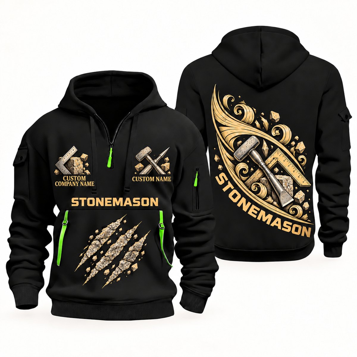 Stonemason Craft in Motion Quarter Zip Hoodie Black front and back