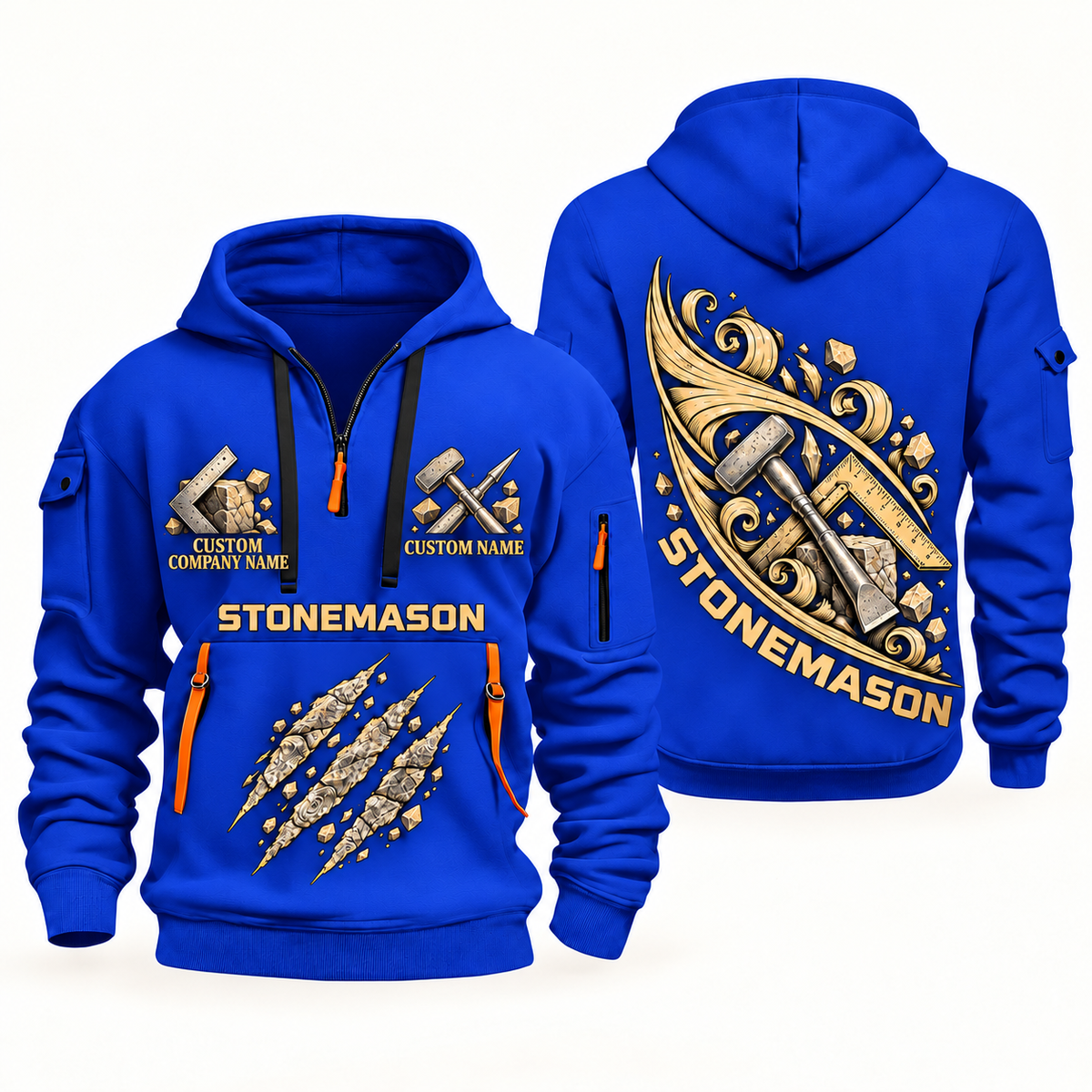 Stonemason Craft in Motion Quarter Zip Hoodie Blue front and back