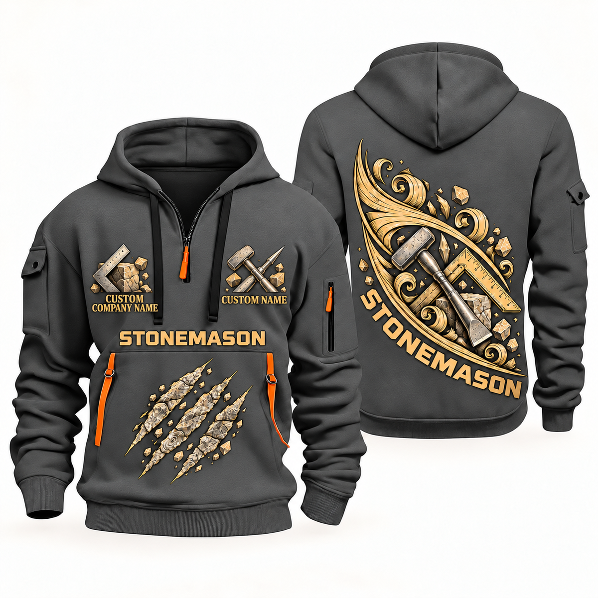 Stonemason Craft in Motion Quarter Zip Hoodie Gray front and back