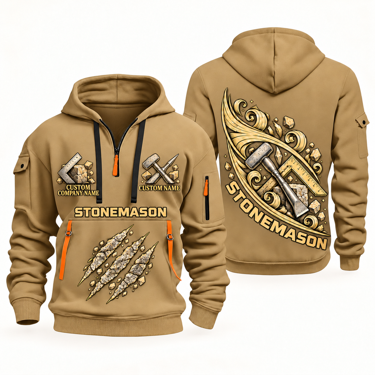 Stonemason Craft in Motion Quarter Zip Hoodie Khaki front and back