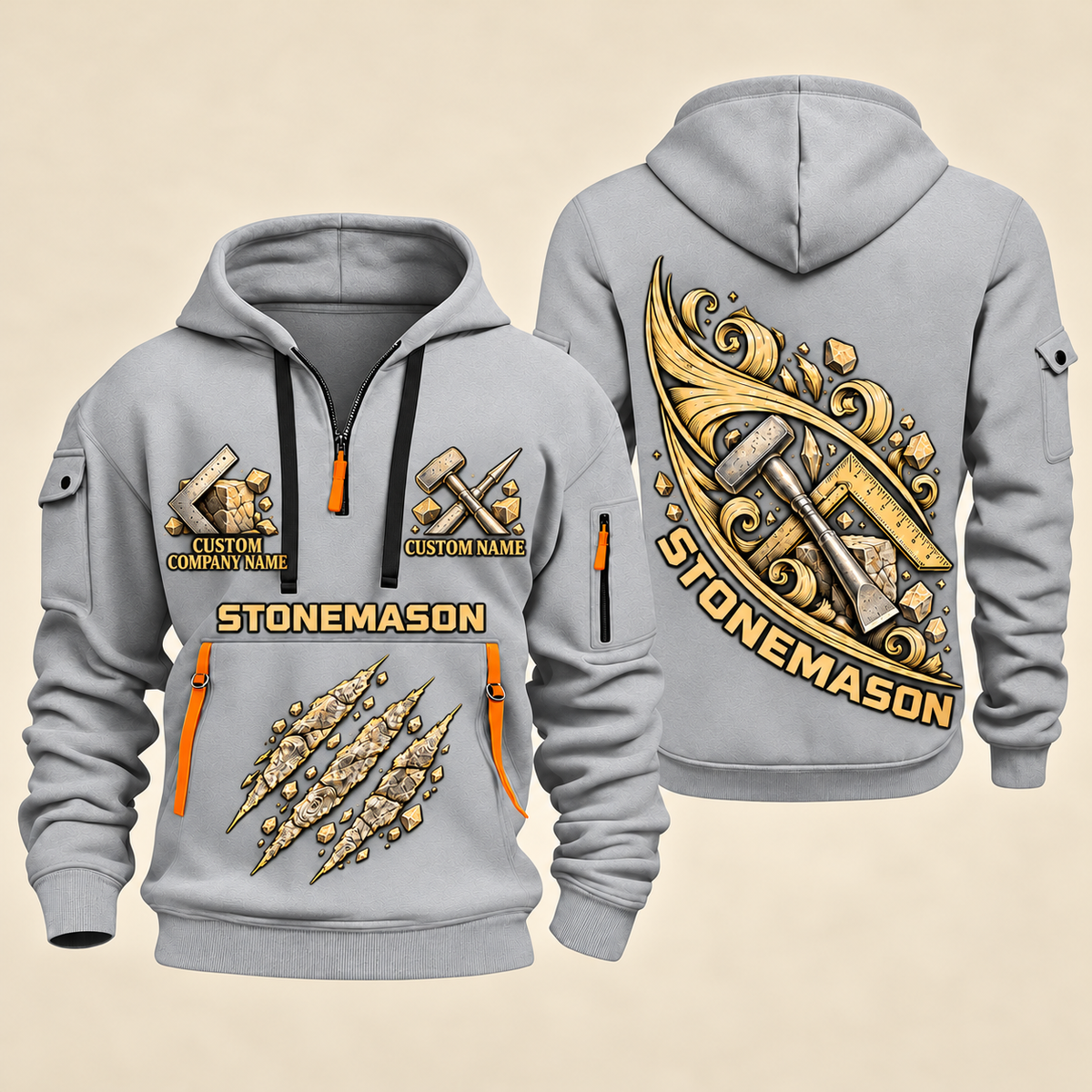 Stonemason Craft in Motion Quarter Zip Hoodie Light Grey front and back