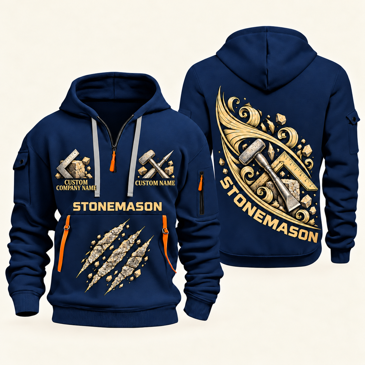 Stonemason Craft in Motion Quarter Zip Hoodie Navy front and back