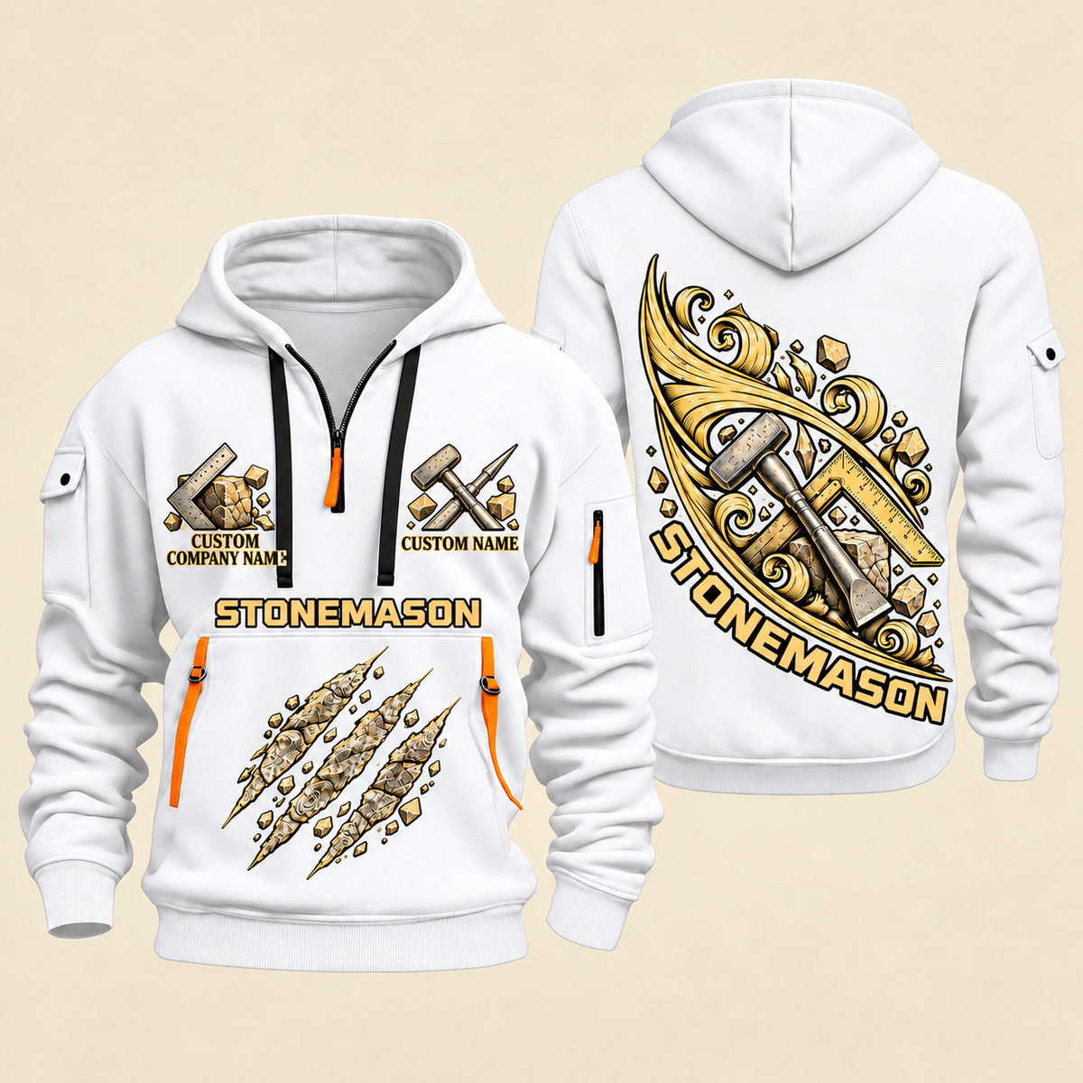 Stonemason Craft in Motion Quarter Zip Hoodie White front and back