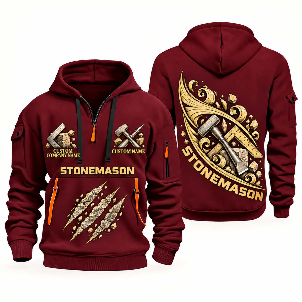 Stonemason Craft in Motion Quarter Zip Hoodie Wine Red front and back