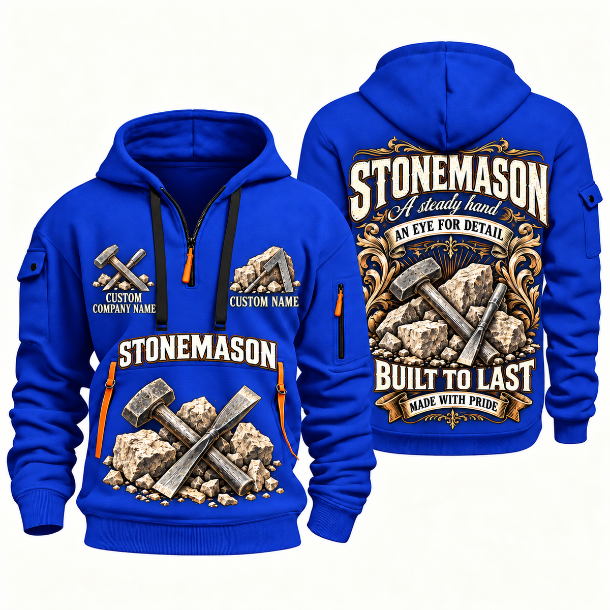 Stonemason Steady Hands Quarter Zip Hoodie Blue front and back